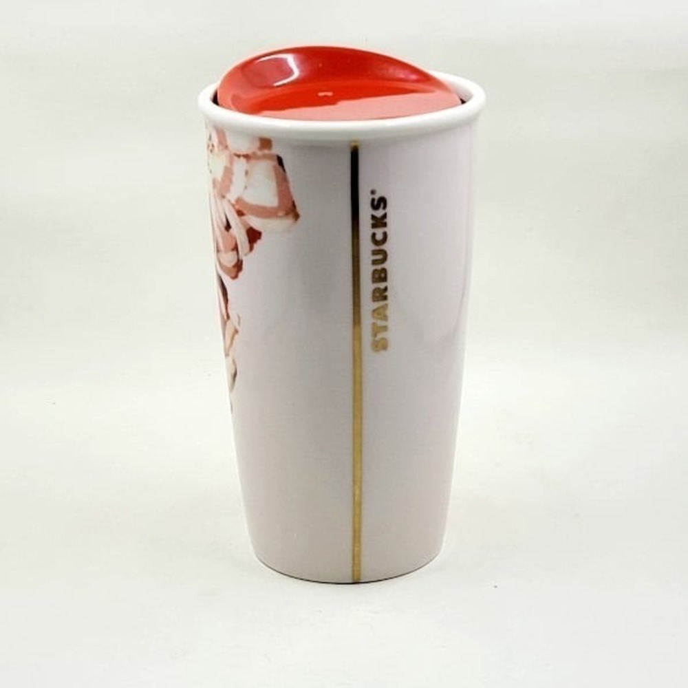 Starbucks Ceramic Travel Mug Red Pink Rose Floral 10oz - Picture 2 of 5